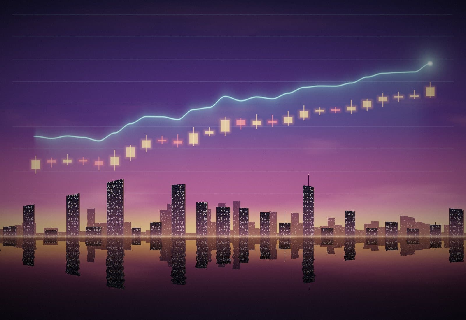 A share-price chart drawn in light over a harbour city at dusk