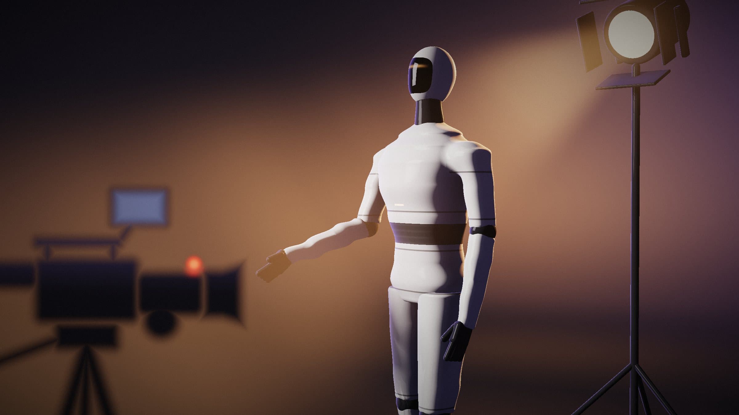 A white humanoid robot on a film set, gesturing toward a cinema camera under a studio light