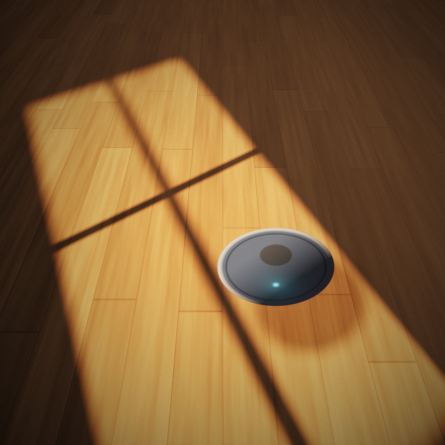 A robot vacuum in a patch of window light on a wooden floor